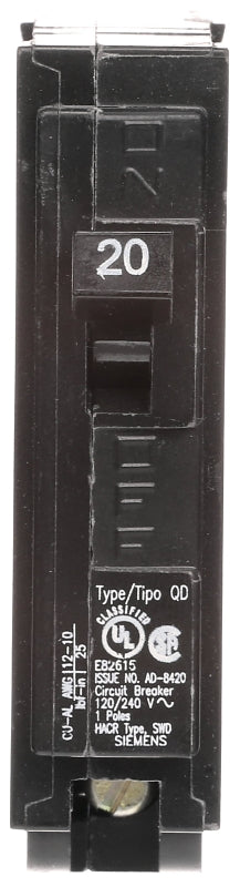 SIEMENS Siemens D120 Circuit Breaker, Low Voltage, QD, 20 A, 1 -Pole, 120 VAC, Plug Mounting