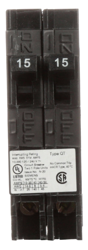 SIEMENS Siemens Q1515NC Circuit Breaker, QT, 15 A, 1 -Pole, 120 V, Plug Mounting