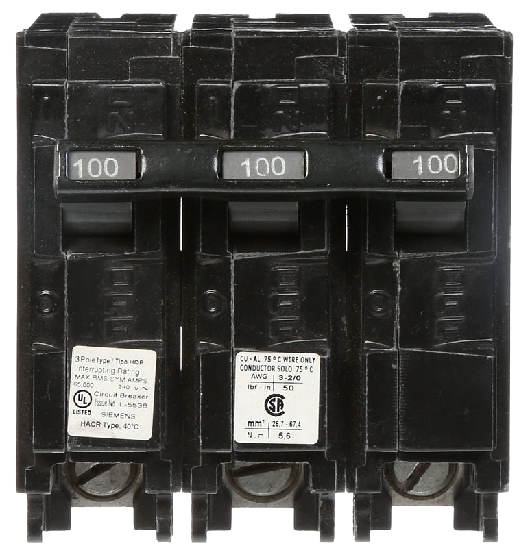 SIEMENS Siemens Q3100 Circuit Breaker, Low Voltage, Mini, Standard, 100 A, 3 -Pole, 240 VAC, Common Trip, Plug Mounting