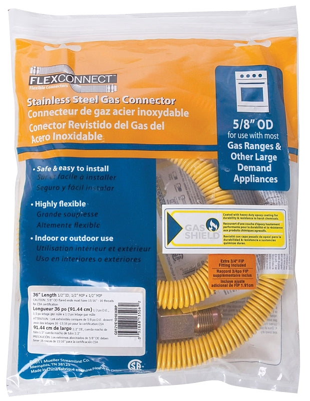 B & K INDUSTRIES B & K G012YE101036RP Gas Connector, 1/2 in, MIP, Stainless Steel, Epoxy-Coated, 36 in L, 5/8 in OD