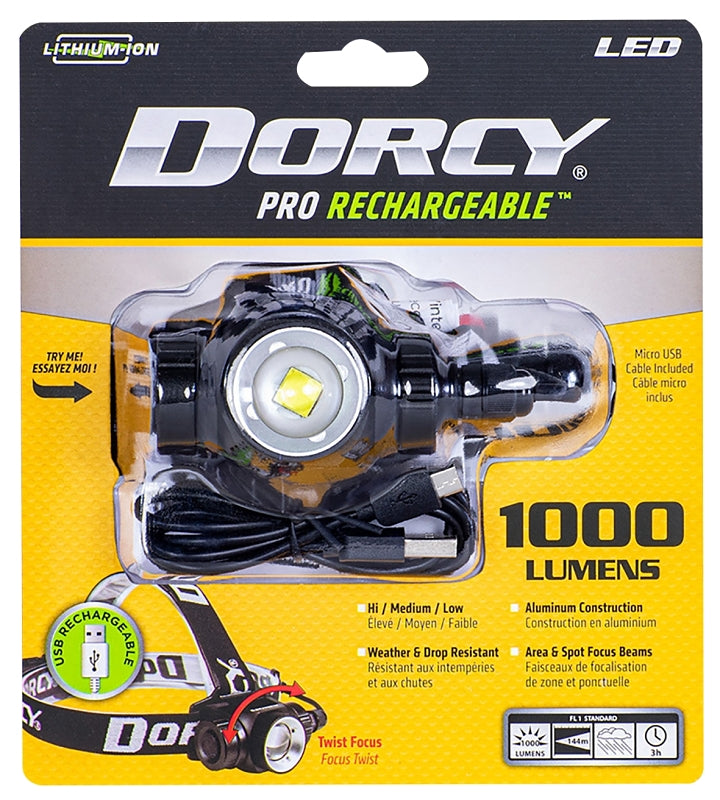 DORCY Dorcy Pro 41-2121 Headlamp, 2200 mAh, Lithium-Ion, Rechargeable Battery, LED Lamp, 1000 Lumens, Area, Spot Beam, Black ELECTRICAL DORCY