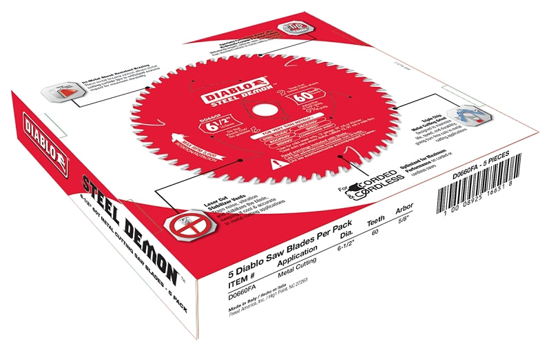 DIABLO Diablo STEEL DEMON D0660FA Saw Blade, 6-1/2 in Dia, 5/8 in Arbor, 60-Teeth, Carbide Cutting Edge TOOLS DIABLO