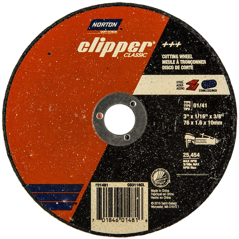 NORTON Norton Clipper Classic A AO Series 70184601481 Cut-Off Wheel, 3 in Dia, 1/16 in Thick, 3/8 in Arbor TOOLS NORTON