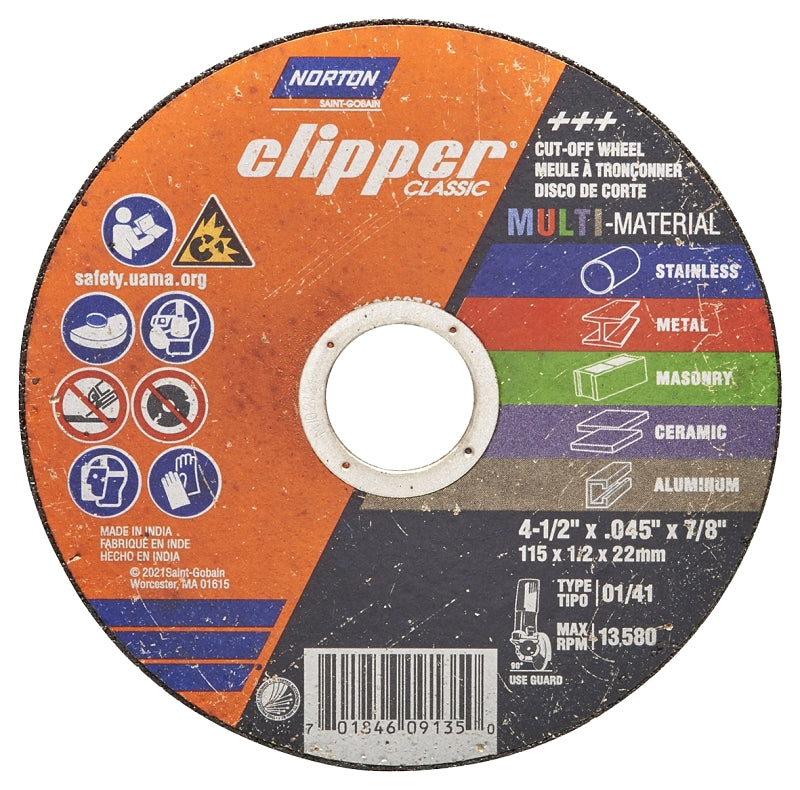 NORTON Norton Clipper Classic AC AO/SC Series 70184609135 Cut-Off Wheel, 4-1/2 in Dia, 0.045 in Thick, 7/8 in Arbor, 46 Grit TOOLS NORTON