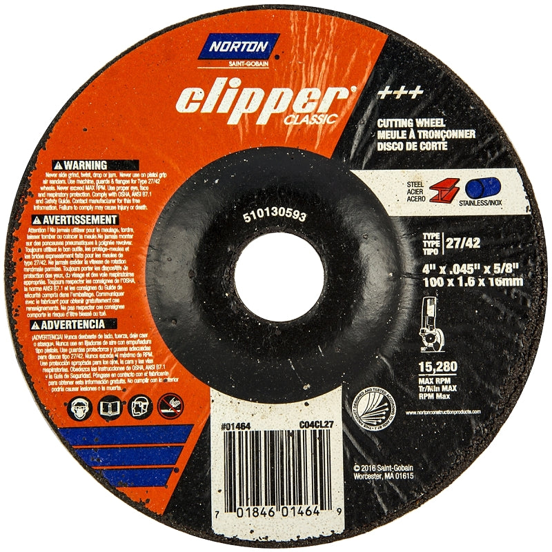 NORTON Norton Clipper Classic A AO Series 70184601464 Cut-Off Wheel, 4 in Dia, 0.045 in Thick, 5/8 in Arbor, 1/EA
