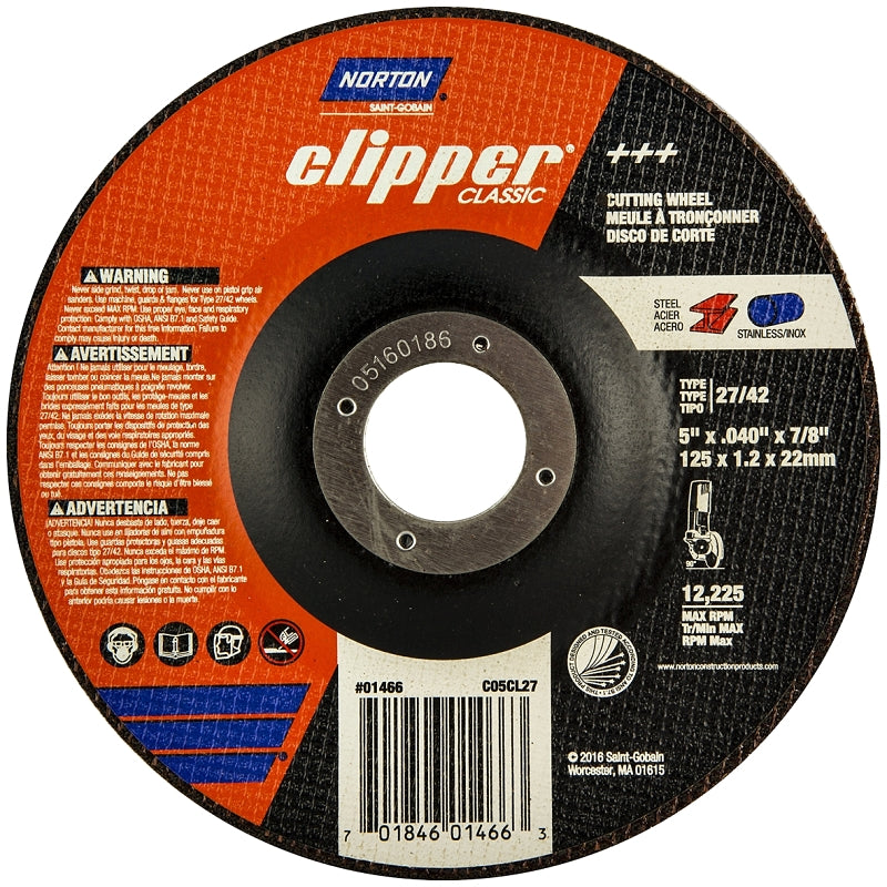 NORTON Norton Clipper Classic A AO Series 70184601466 Cut-Off Wheel, 5 in Dia, 0.045 in Thick, 7/8 in Arbor, 1/EA