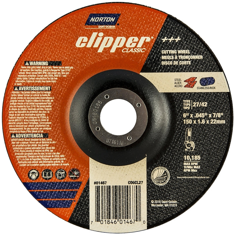 NORTON Norton Clipper Classic A AO Series 70184601467 Cut-Off Wheel, 6 in Dia, 0.045 in Thick, 7/8 in Arbor, 1/EA TOOLS NORTON
