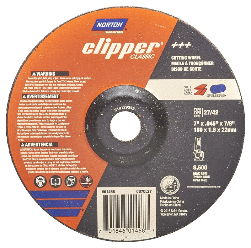 NORTON Norton Clipper Classic A AO Series 70184601468 Cut-Off Wheel, 7 in Dia, 1/16 in Thick, 7/8 in Arbor, 36 Grit TOOLS NORTON