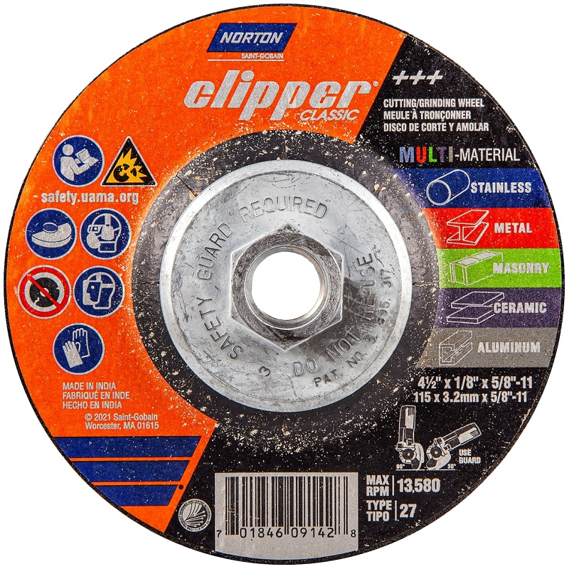 NORTON Norton Clipper Classic AC AO/SC Series 70184609142 Grinding and Cutting Wheel, 4-1/2 in Dia, 1/8 in Thick, 5/8-11 Arbor TOOLS NORTON
