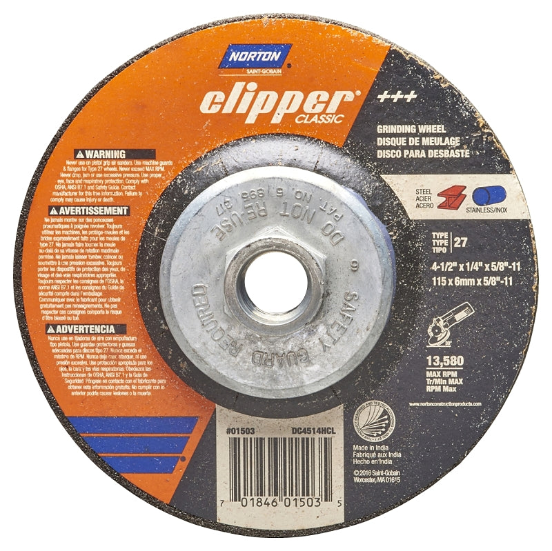 NORTON Norton Clipper Classic A AO Series 70184601503 Grinding Wheel, 4-1/2 in Dia, 1/4 in Thick, 5/8-11 Arbor TOOLS NORTON