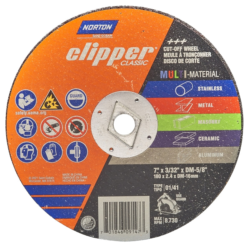 NORTON Norton Clipper Classic AC AO/SC Series 70184609147 Cut-Off Wheel, 7 in Dia, 3/32 in Thick, 5/8 in Arbor, 36 Grit