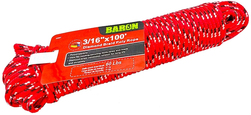 BARON BARON 52607 Rope, 3/16 in Dia, 100 ft L, 40 lb Working Load, Polypropylene, Assorted HARDWARE & FARM SUPPLIES BARON   