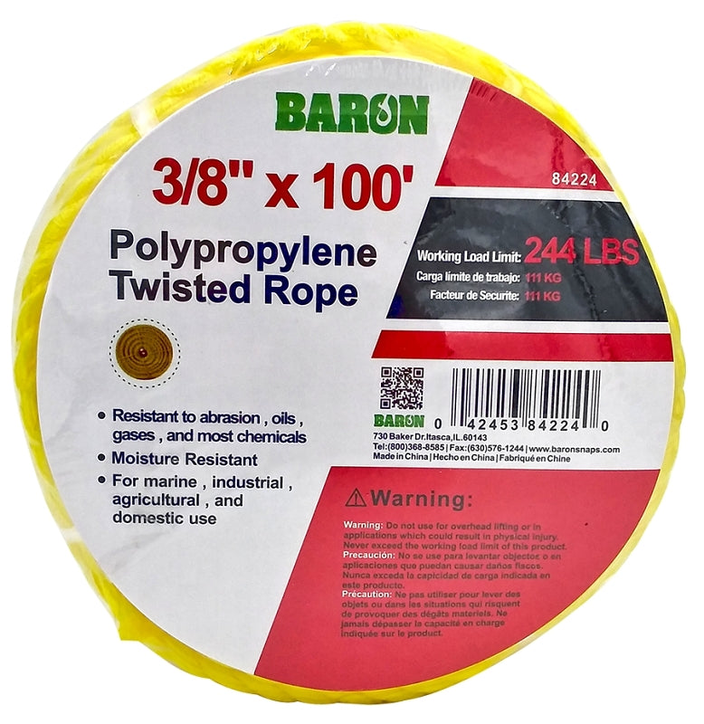 BARON BARON 84224 Rope, 3/8 in Dia, 100 ft L, 244 lb Working Load, Polypropylene, Yellow