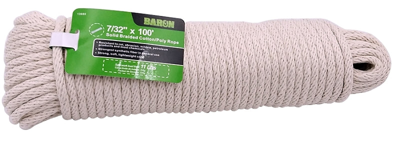 BARON Baron 13680 Cord, 7/32 in Dia, 100 ft L, #7, 11 lb Working Load, Cotton/Poly, Natural