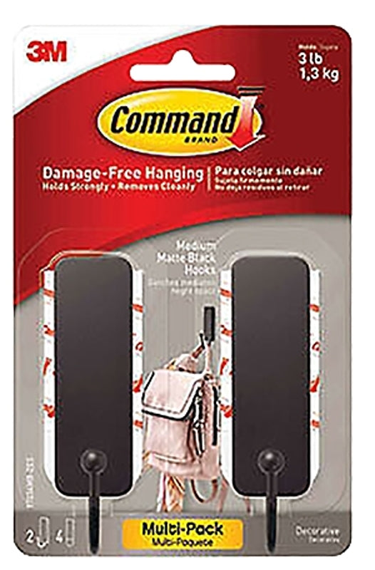 COMMAND Command 17034MB-2ES Medium Hook, 3 lb, 1-Hook, Plastic, Black, Matte