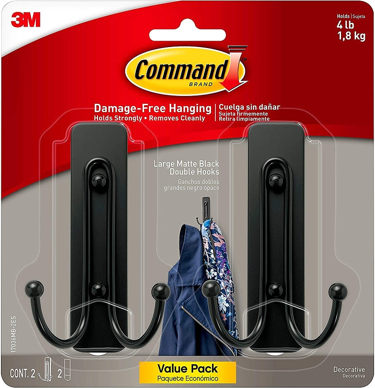 COMMAND Command 17036MB-2ES Large Decorative Hook, 4 lb, 2-Hook, Metal/Plastic, Matte Black ELECTRICAL COMMAND