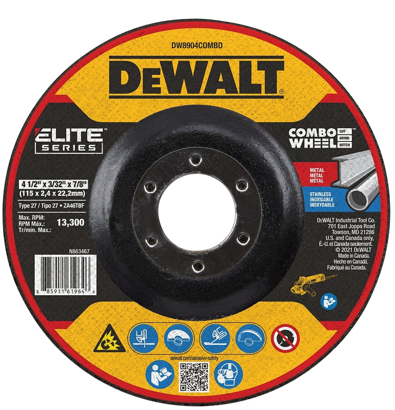 DEWALT DEWALT ELITE Series DW8904COMBO Cutting Wheel, 4-1/2 in Dia, 0.093 in Thick, 7/8 in Arbor, 24 Grit, Ceramic Abrasive