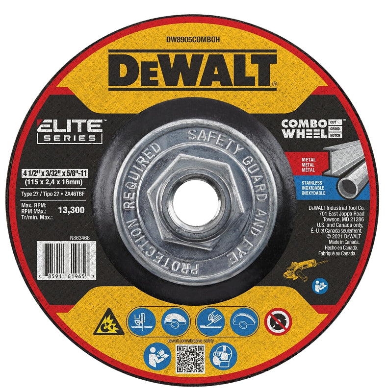 DEWALT DEWALT ELITE Series DW8905COMBOH Cutting Wheel, 4-1/2 in Dia, 0.093 in Thick, 5/8-11 Arbor, 24 Grit, Ceramic Abrasive
