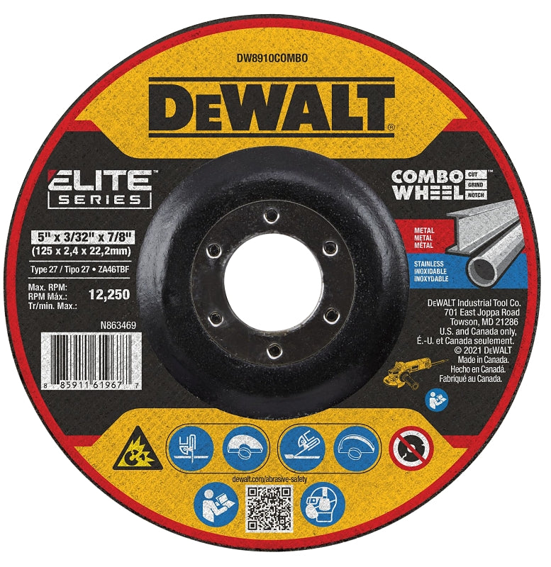 DEWALT DEWALT ELITE Series DW8910COMBO Cutting Wheel, 5 in Dia, 0.093 in Thick, 7/8 in Arbor, 24 Grit, Ceramic Abrasive TOOLS DEWALT