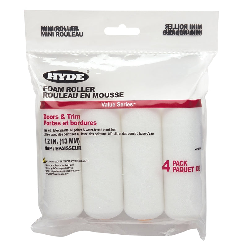 HYDE Hyde Value Series 47349 Mini Roller, 1/2 in Thick Nap, 4 in L, Foam Cover, 4/PK PAINT HYDE