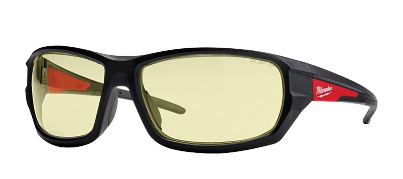 MILWAUKEE Milwaukee 48-73-2120 Safety Glasses, Black/Red Frame, Unisex, Anti-Scratch Lens, Polycarbonate Lens, Yellow Lens