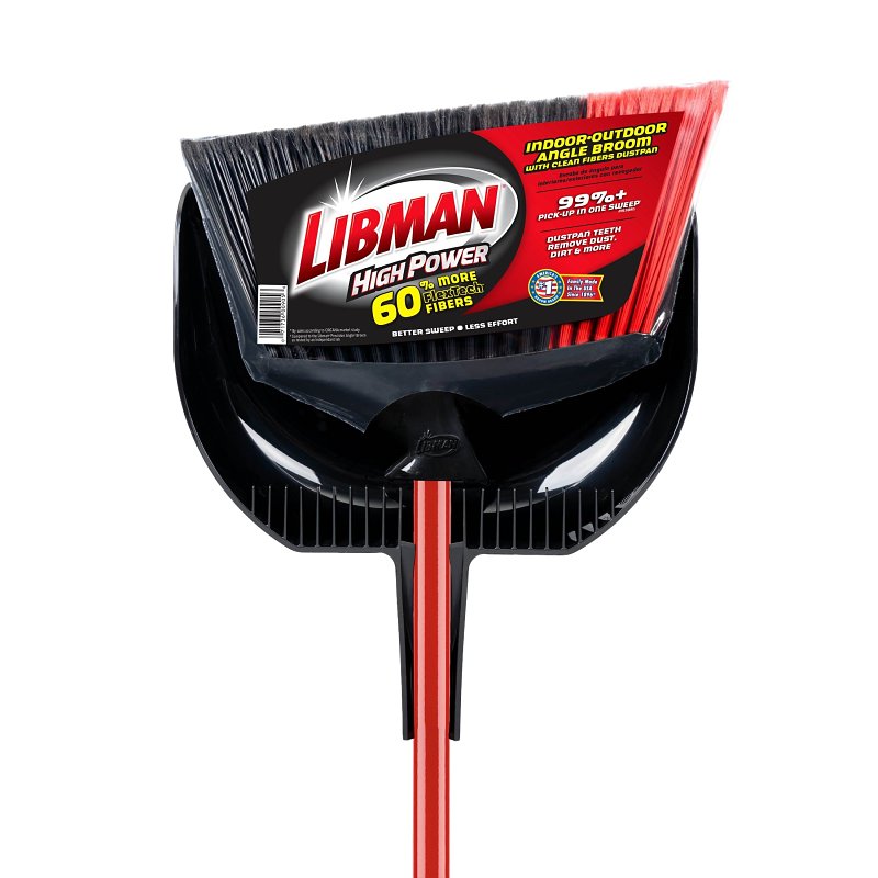 THE LIBMAN COMPANY Libman 905 Angle Broom with Dustpan, 5-1/2 in L Trim, Recycled PET Bristle, Black/Red Bristle, Powder-Coated Steel