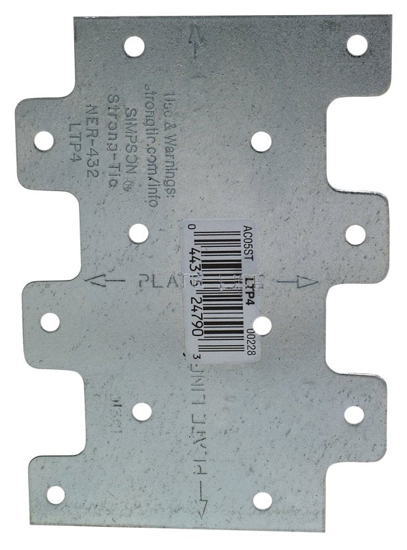 SIMPSON STRONG-TIE Simpson Strong-Tie LTP LTP4 Lateral Tie Plate, 4-1/4 in W, 3 in H, Steel, Galvanized/Zinc