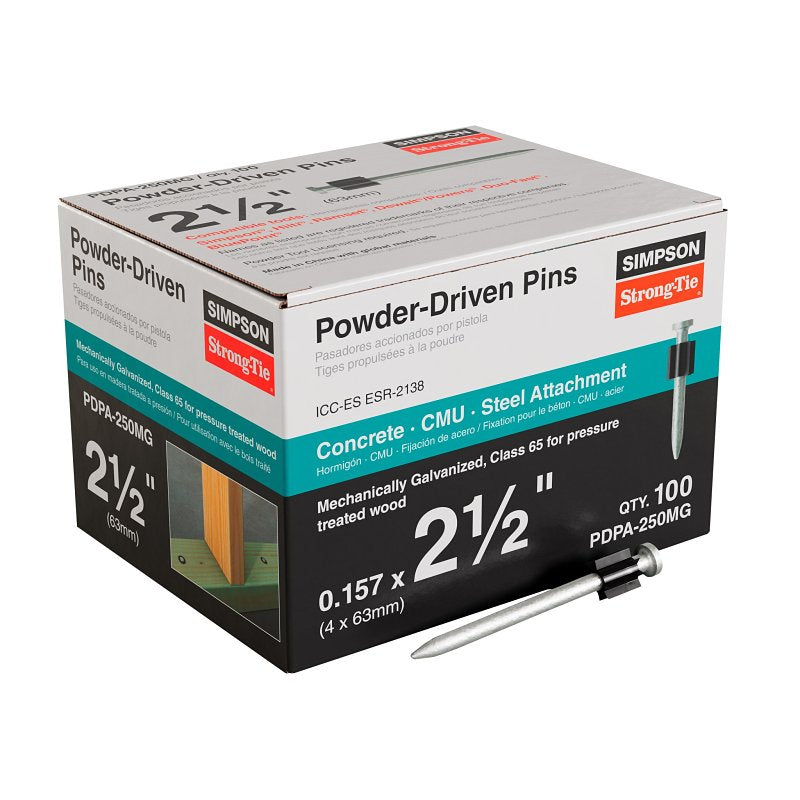 SIMPSON STRONG-TIE Simpson Strong-Tie PDPA Series PDPA-250MG Drive Pin, 0.157 in Dia Shank, 2-1/2 in L, Steel, Class 65 Galvanized, 100/PK