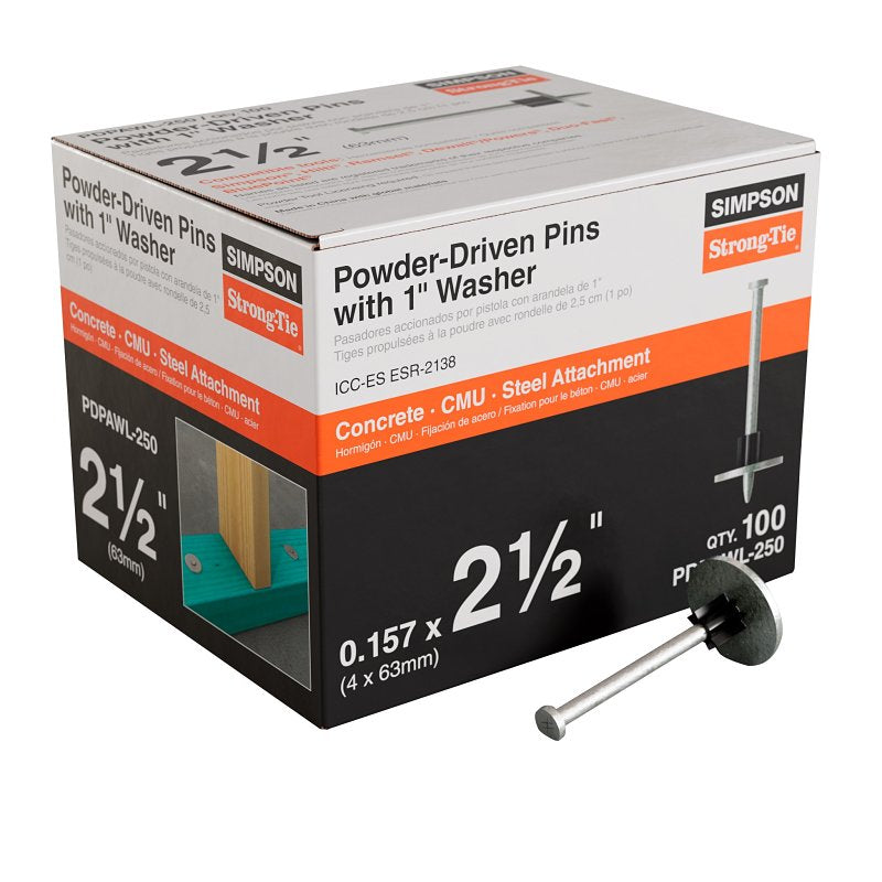 SIMPSON STRONG-TIE Simpson Strong-Tie PDPAWL Series PDPAWL-250 Drive Pin, 0.157 in Dia Shank, 2-1/2 in L, Steel, Galvanized/Zinc, 100/PK