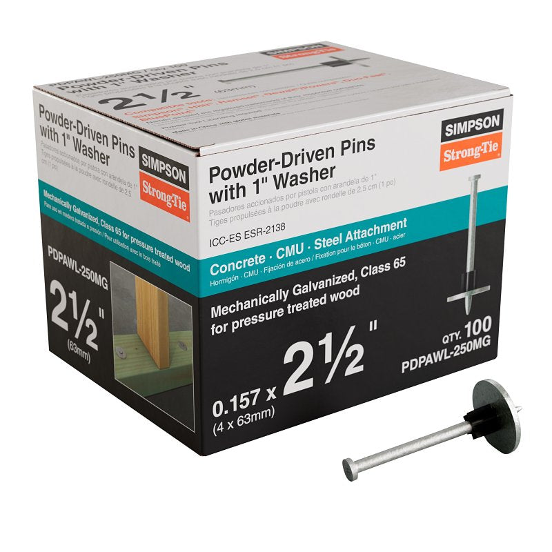 SIMPSON STRONG-TIE Simpson Strong-Tie PDPAWL Series PDPAWL-250MG Drive Pin, 0.157 in Dia Shank, 2-1/2 in L, Steel, Class 65 Galvanized/Zinc