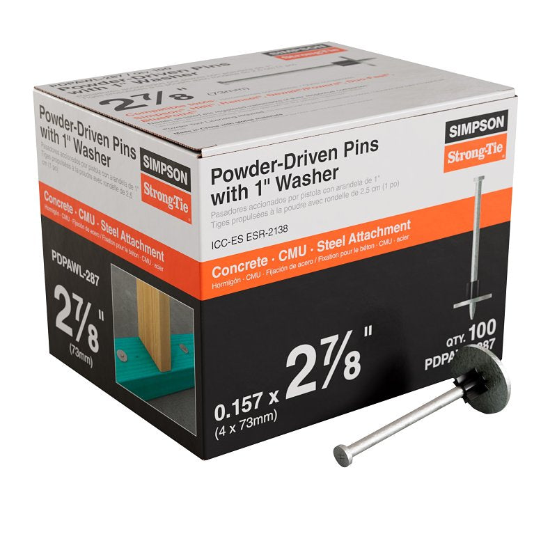 SIMPSON STRONG-TIE Simpson Strong-Tie PDPAWL PDPAWL-287 Drive Pin, 0.157 in Dia Shank, 2-7/8 in L, Steel, Galvanized/Zinc