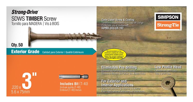 SIMPSON STRONG-TIE Simpson Strong-Tie Strong-Drive SDWS SDWS22300DB-R50 Timber Screw, 3 in L, Serrated Thread, Washer Head, Steel, Tan HARDWARE & FARM SUPPLIES SIMPSON STRONG-TIE