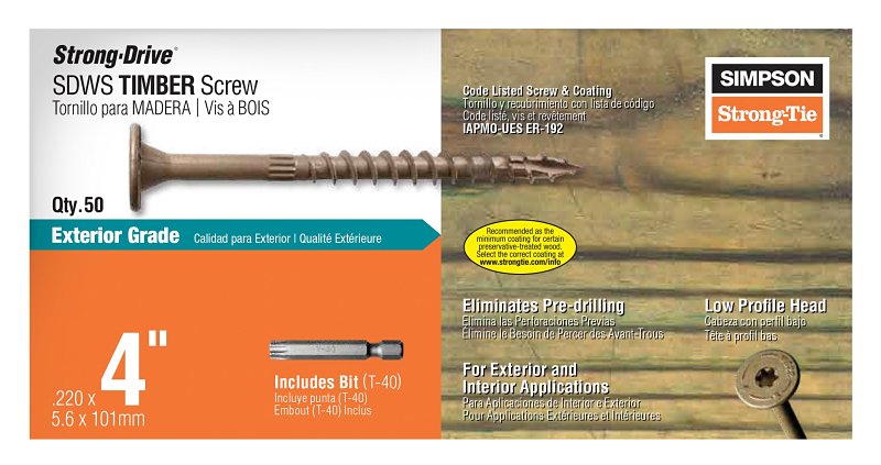 SIMPSON STRONG-TIE Simpson Strong-Tie Strong-Drive SDWS SDWS22400DB-R50 Timber Screw, 4 in L, Serrated Thread, Washer Head, Steel, Tan HARDWARE & FARM SUPPLIES SIMPSON STRONG-TIE