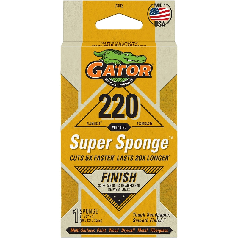 GATOR Gator 7302 Sanding Sponge, 5 in L, 3 in W, 220 Grit, Aluminum Oxide Abrasive, Jumbo Size PAINT GATOR