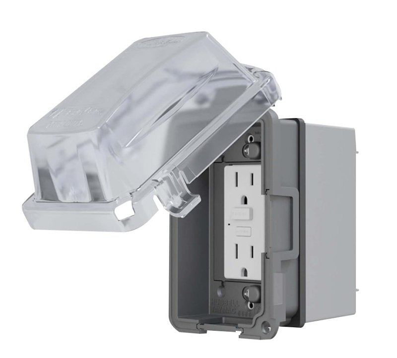 HUBBELL TayMac EXTRA DUTY Series MKG420CS GFCI Receptacle Kit, 5.1 in L, 4.53 in W, Rectangular, 1-Gang, Clear ELECTRICAL HUBBELL