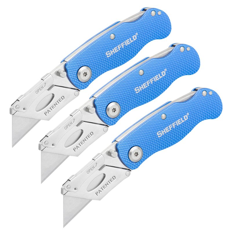 GREAT NECK Sheffield 12514 Utility Knife, 2.4 in L Blade, 3-Blade, Textured Handle, Blue Handle
