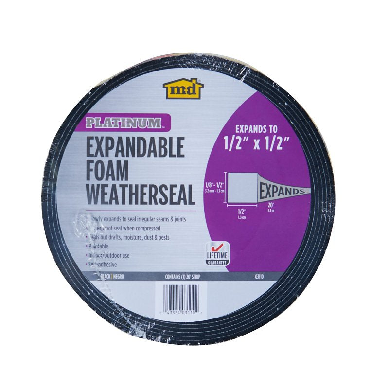 M-D M-D 03110 Expandable Weatherseal, 1/2 in W, 20 ft L, 1/2 in Thick, Foam, Black