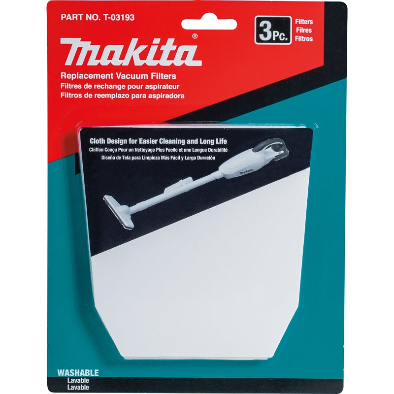 MAKITA Makita T-03193 Cloth Vacuum Filter, For: Makita XLC02, LC01, BCL180 Cordless Vacuums, 3/PK