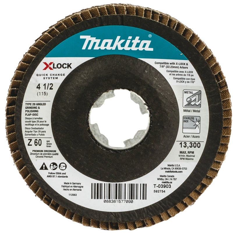 MAKITA Makita X-LOCK T-03903 Grinding and Polishing Flap Disc, 4-1/2 in Dia, 7/8 in Arbor, 60 Grit, Coarse