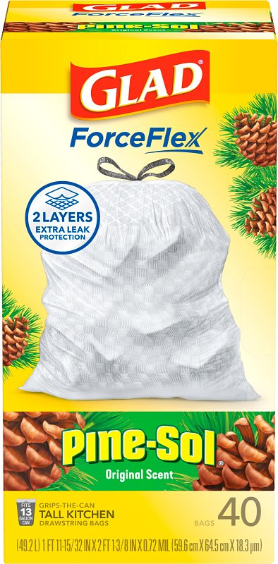 GLAD Glad ForceFlex Series 22372 Pine-Sol Scented Trash Bag, 13 gal, Plastic, White