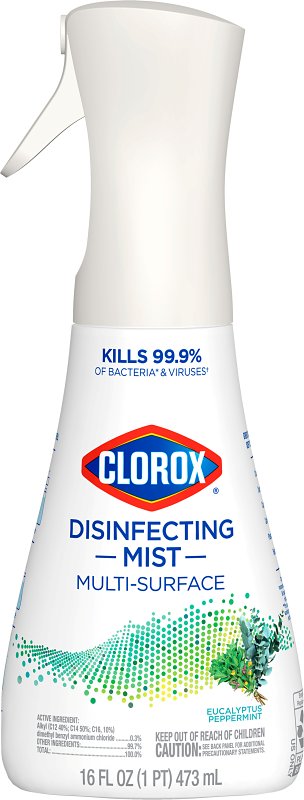 CLOROX Clorox 60152 Multi-Surface Disinfectant, 16 oz, Trigger Spray Bottle, Liquid, Eucalyptus Peppermint, Clear