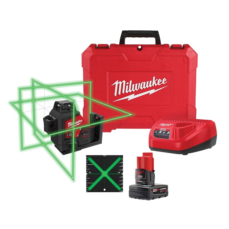 MILWAUKEE Milwaukee M12 Series 3632-21 3-Plane Laser Kit, 165 ft, +/- 1/8 in at 33 ft Accuracy, 3-Beam, Green Laser