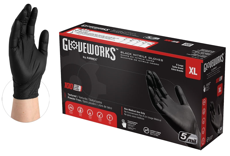 AMMEX Gloveworks GPNB48100 Non-Sterile Gloves, XL, Nitrile, Powder-Free, Black, 13.86 in L