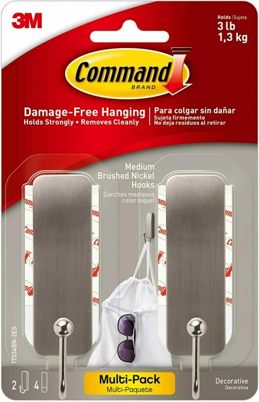 COMMAND Command 17034BN-2ES Medium Adhesive Hook, 3 lb, 2-Hook, Metal, Brushed Nickel HARDWARE & FARM SUPPLIES COMMAND