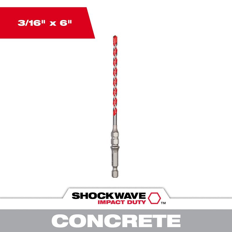 MILWAUKEE Milwaukee SHOCKWAVE Impact Duty 48-20-9096 Hammer Drill Bit, 3/16 in Dia, 6 in OAL, Percussion, Wide Flute, 1/4 in Dia Shank TOOLS MILWAUKEE