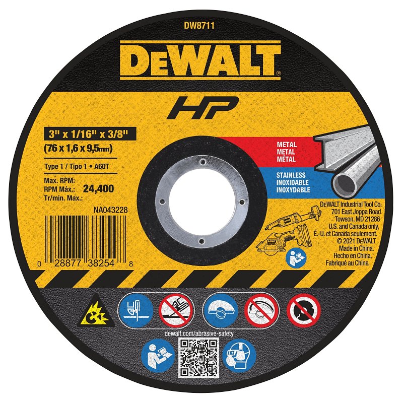 DEWALT DEWALT DW8711 Die Grinder Wheel, 3 in Dia, 1/16 in Thick, 3/8 in Arbor, A60T Grit, Very Fine, Aluminum Oxide Abrasive TOOLS DEWALT