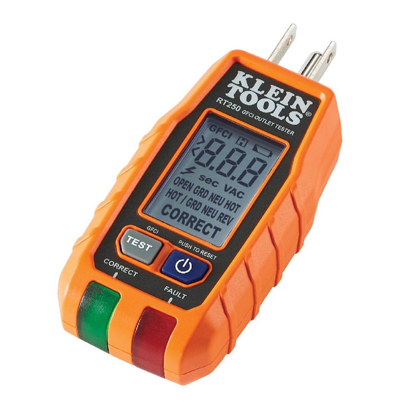 KLEIN Klein Tools RT250 GFCI Receptacle Tester, 135 VAC, LCD Display, Functions: Voltage ELECTRICAL KLEIN