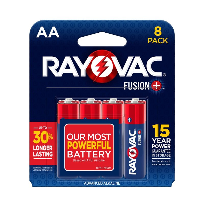 RAYOVAC Rayovac FUSION 815-8TFUSJ Battery, 1.5 V Battery, AA Battery, Alkaline, Black/Red/White ELECTRICAL RAYOVAC