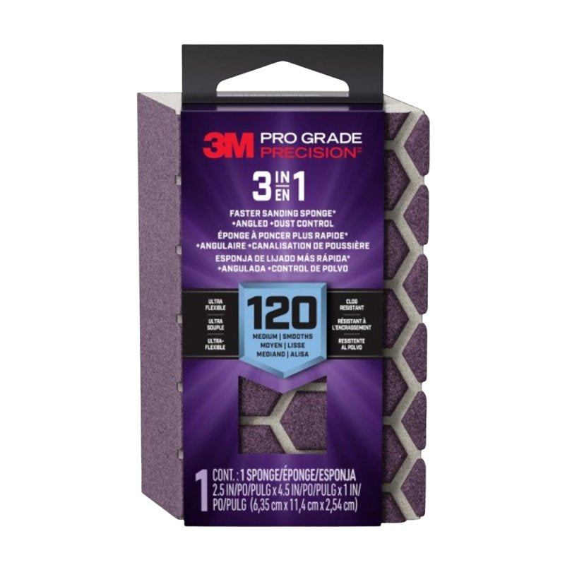 3M Pro Grade Precision DCDA120-PGP-1T 3-in-1 Sanding Sponge, 2-1/2 in L, 4-1/2 in W, 120 Grit, Medium PAINT 3M