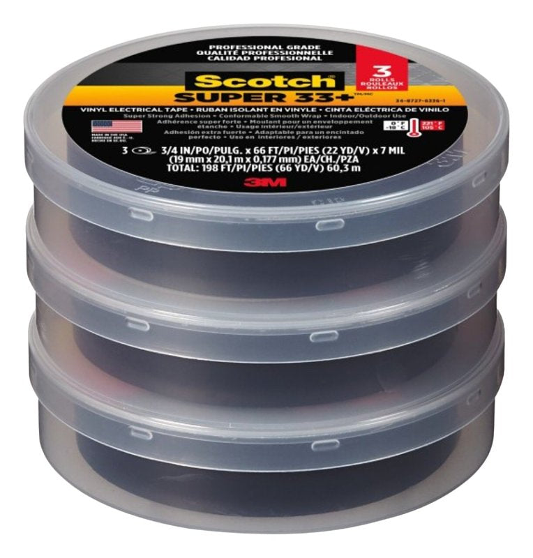 SCOTCH Scotch 6132-BA-3PK-6 Electrical Tape, 66 ft L, 3/4 in W, Vinyl Backing, Black, 3/PK